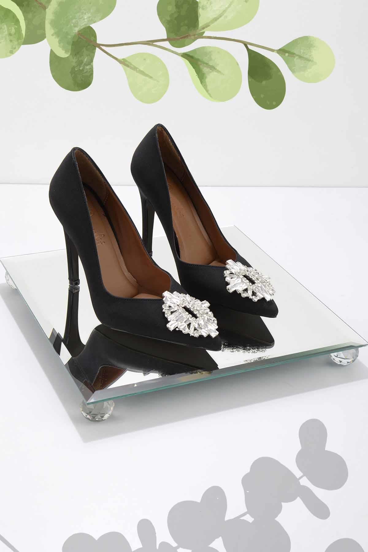 Mat Siyah Saten  Kadın Klasik Topuklu Ayakkabı K01189125538