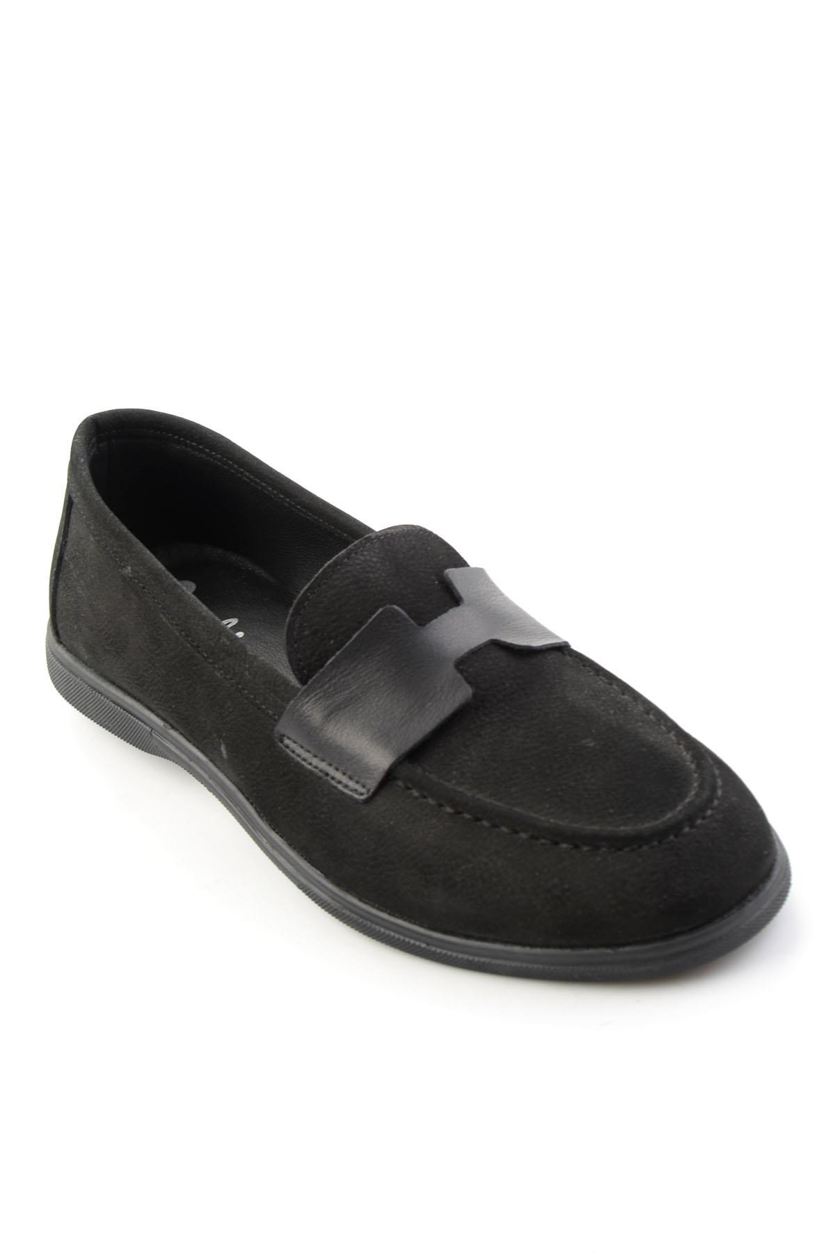 Siyah Nubuk Hakiki Deri Kadın Loafer Ayakkabı K01821097401
