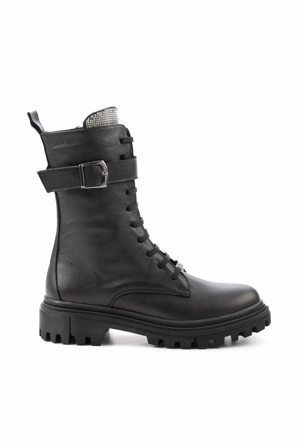 Siyah Platin Taşlı Hakiki Deri Kadın Bot & Bootie K02178001603