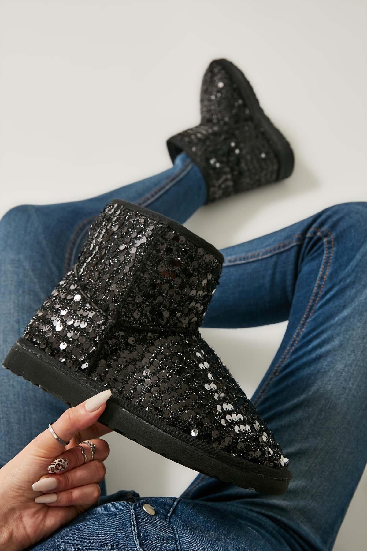 Siyah Pullu  Kadın Bot & Bootie K02635510153