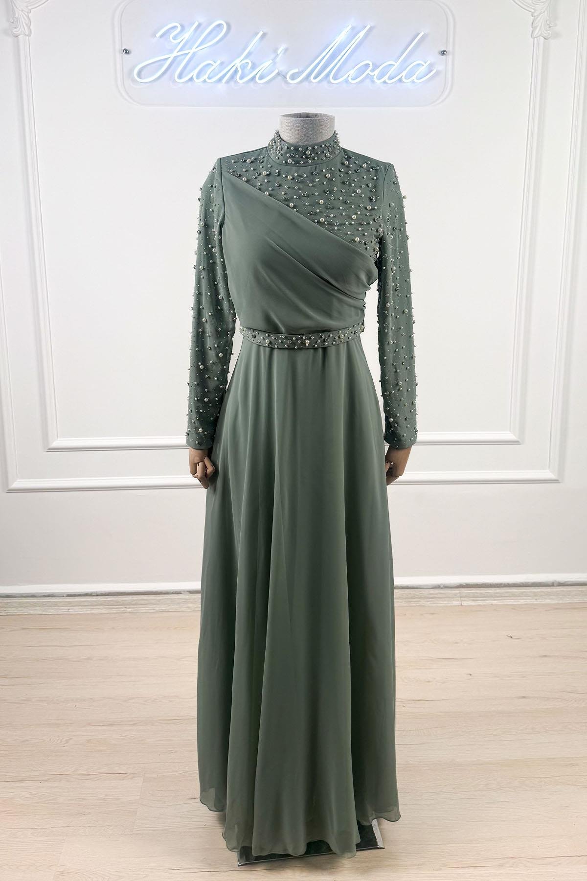 Ahenk Çağla Yeşili Şifon Tesettür AbiyeLP6328