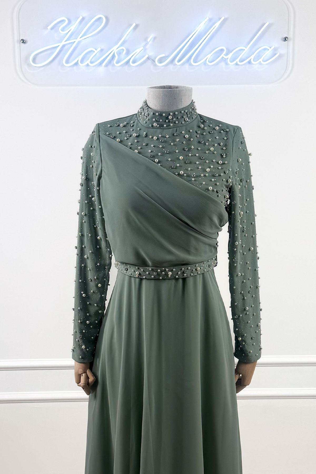 Ahenk Çağla Yeşili Şifon Tesettür AbiyeLP6328