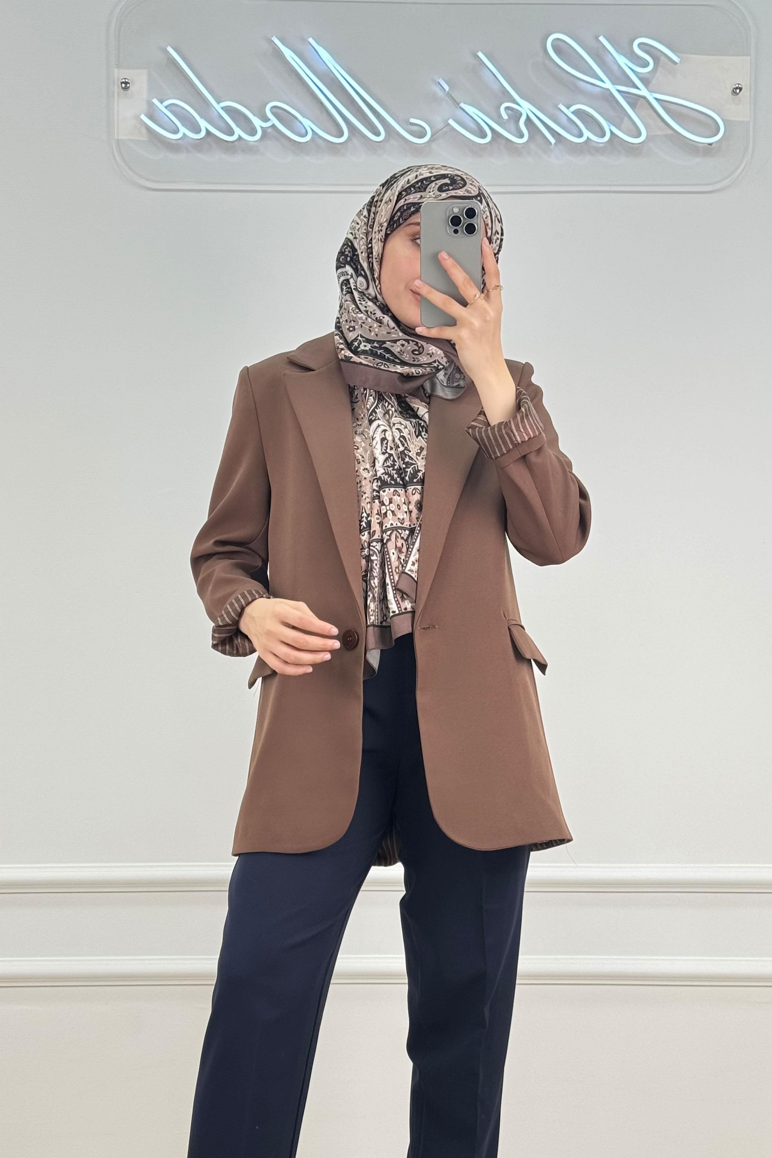 Astarı Çizgili Acı Kahve CeketHM1323