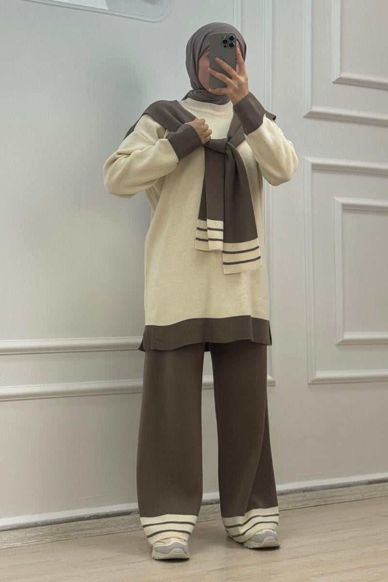 Atkı Detaylı Bej-kahve Tesettür Triko TakımHM1338