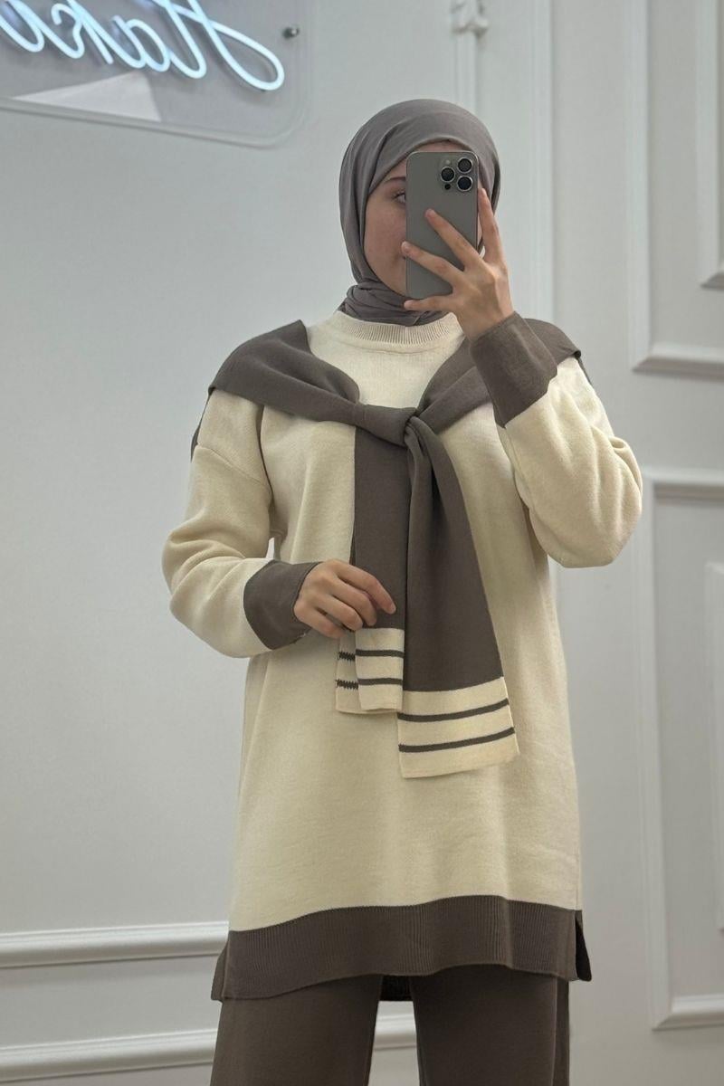Atkı Detaylı Bej-kahve Tesettür Triko TakımHM1338