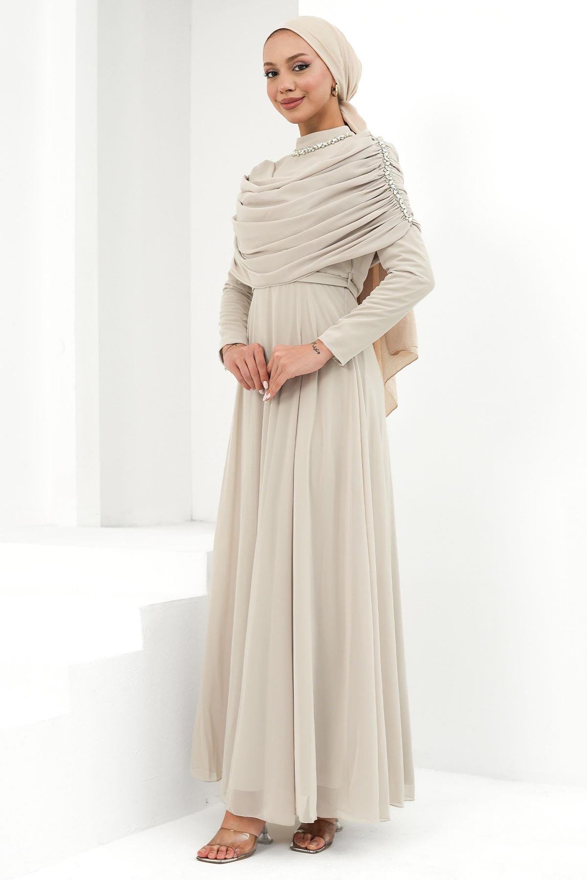 Tesettür Ayperi Şifon Abiye BejLP6296