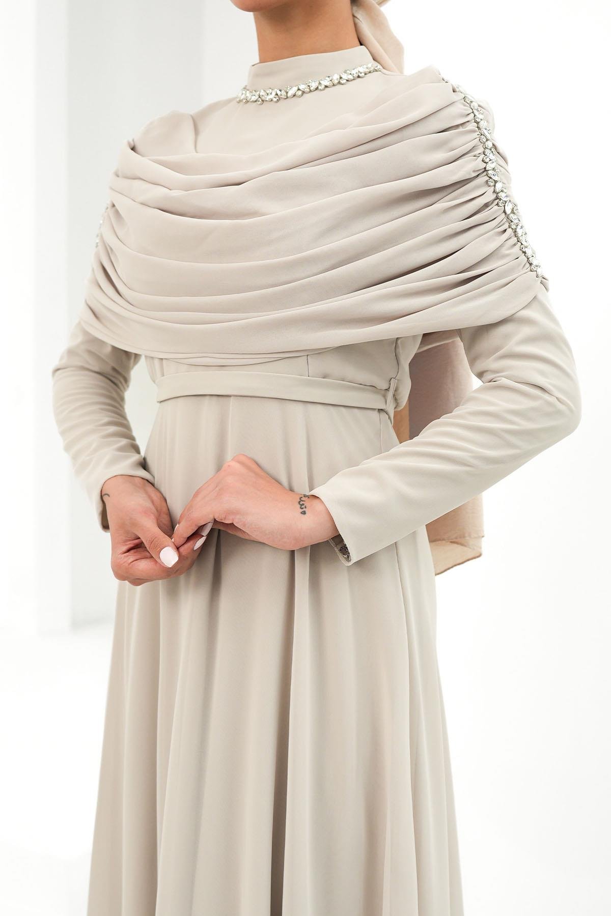 Tesettür Ayperi Şifon Abiye BejLP6296