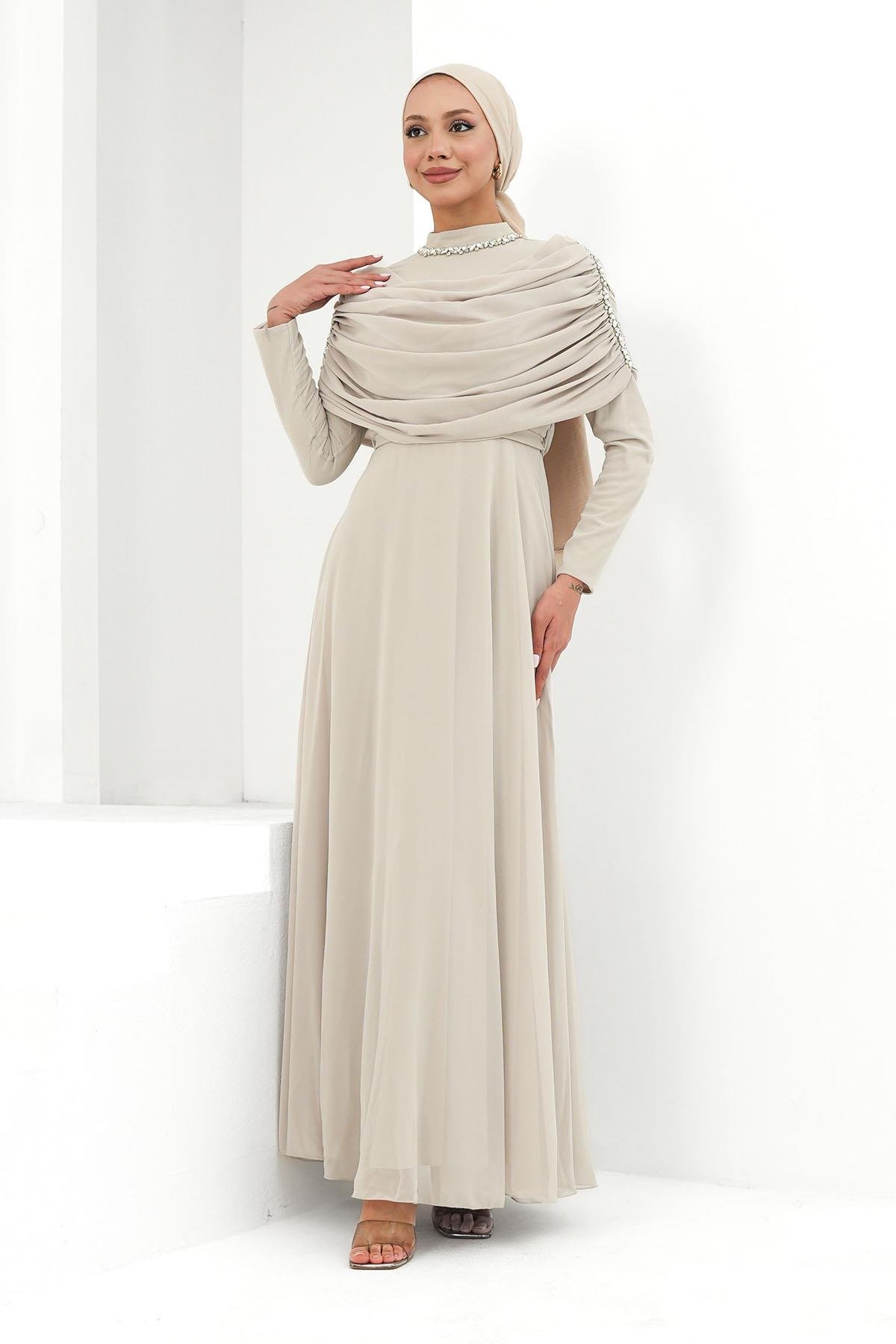 Tesettür Ayperi Şifon Abiye BejLP6296
