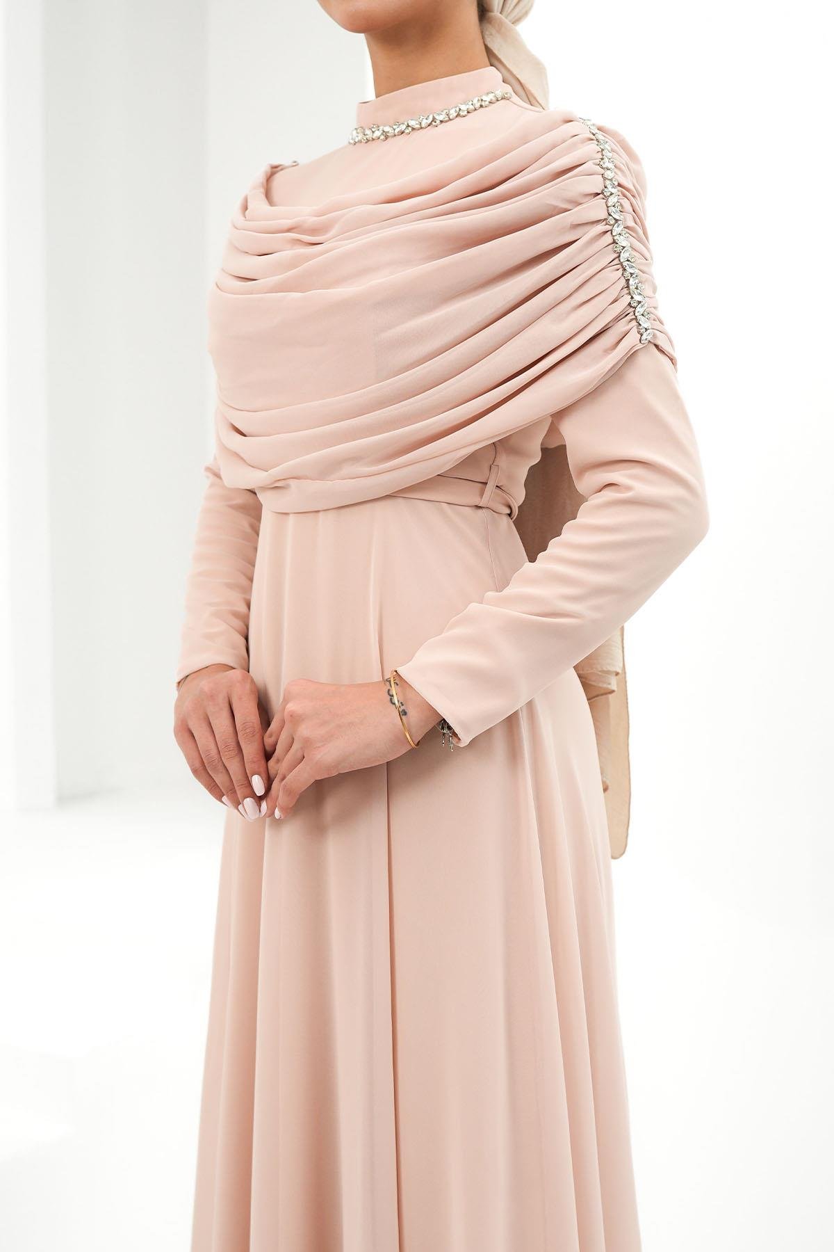 Tesettür Ayperi Şifon Abiye PudraLP6296