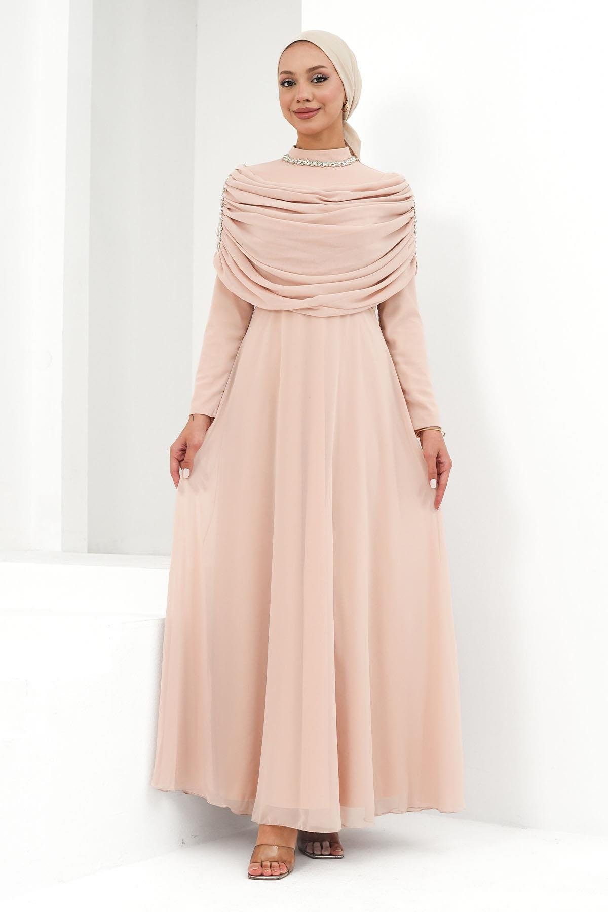 Tesettür Ayperi Şifon Abiye PudraLP6296