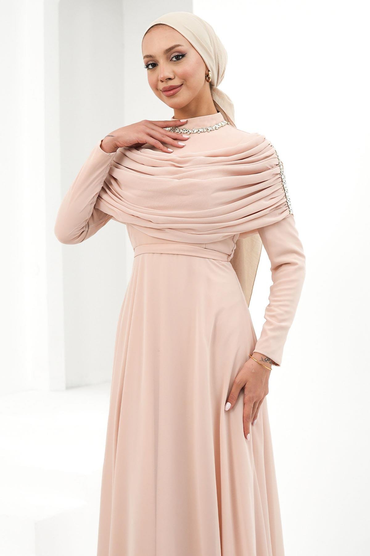 Tesettür Ayperi Şifon Abiye PudraLP6296