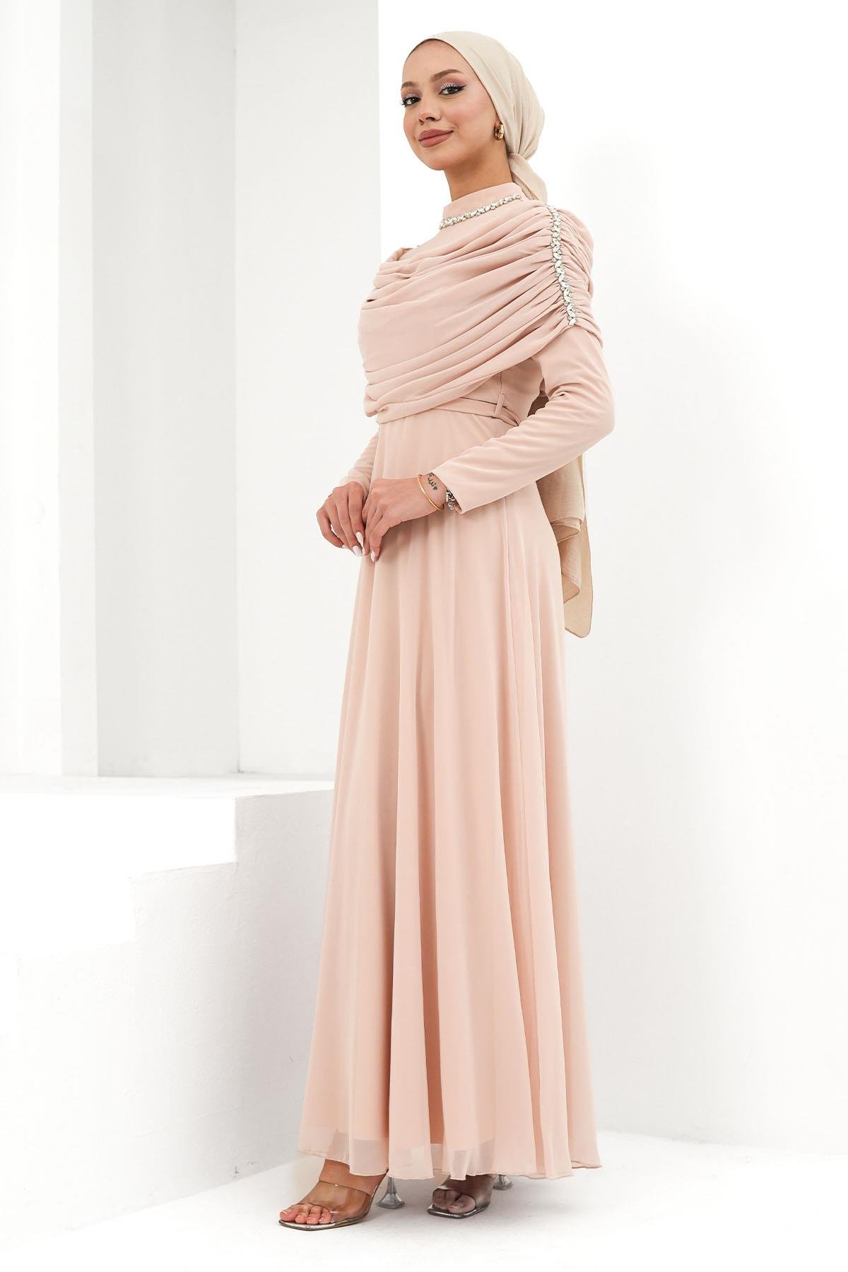Tesettür Ayperi Şifon Abiye PudraLP6296