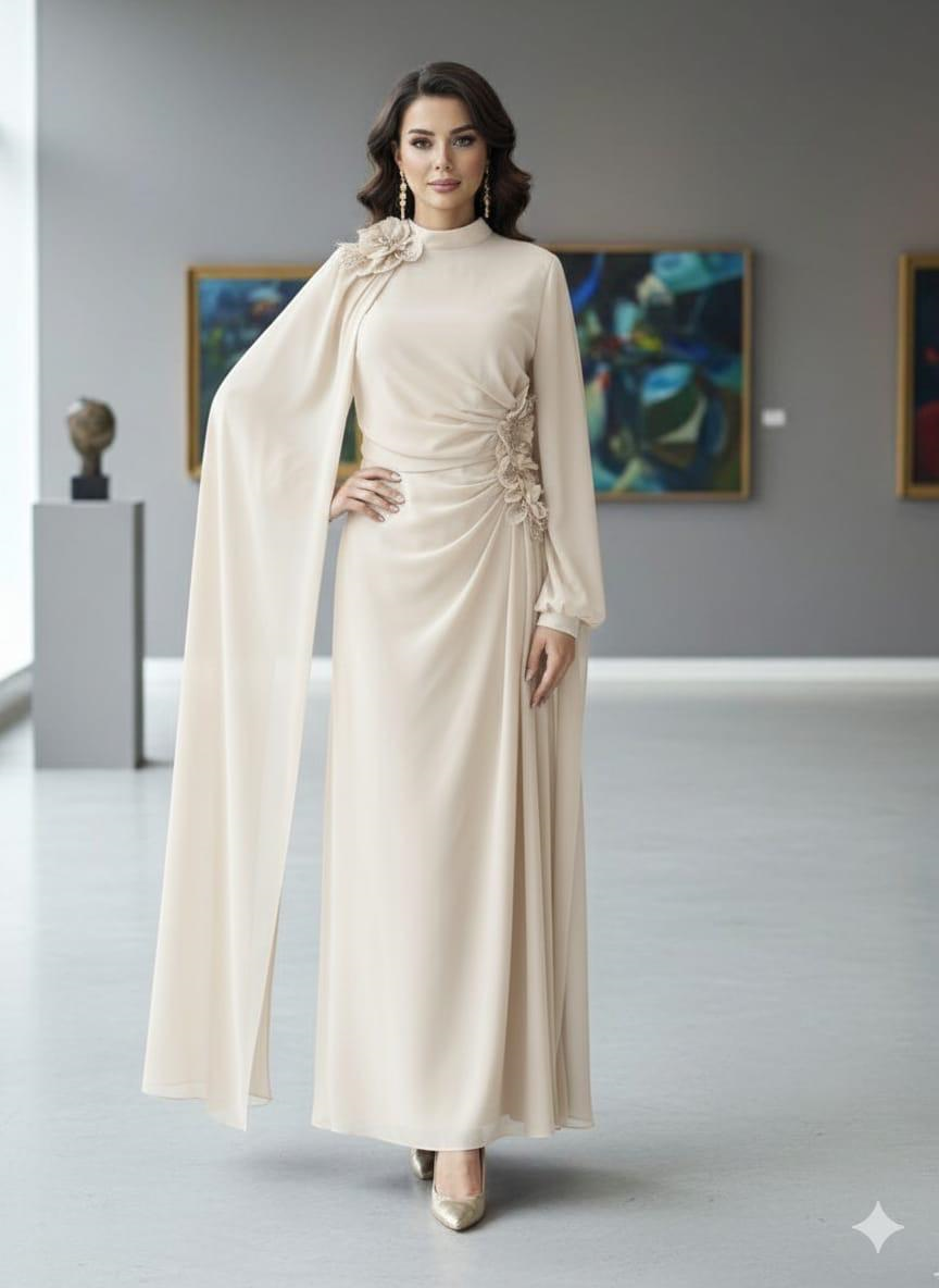 Banu Çiçek Bej Şifon AbiyeLP6354