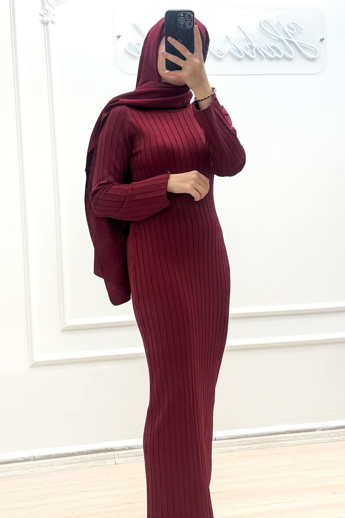 Bisiklet Yaka Bordo Triko ElbiseHM3130