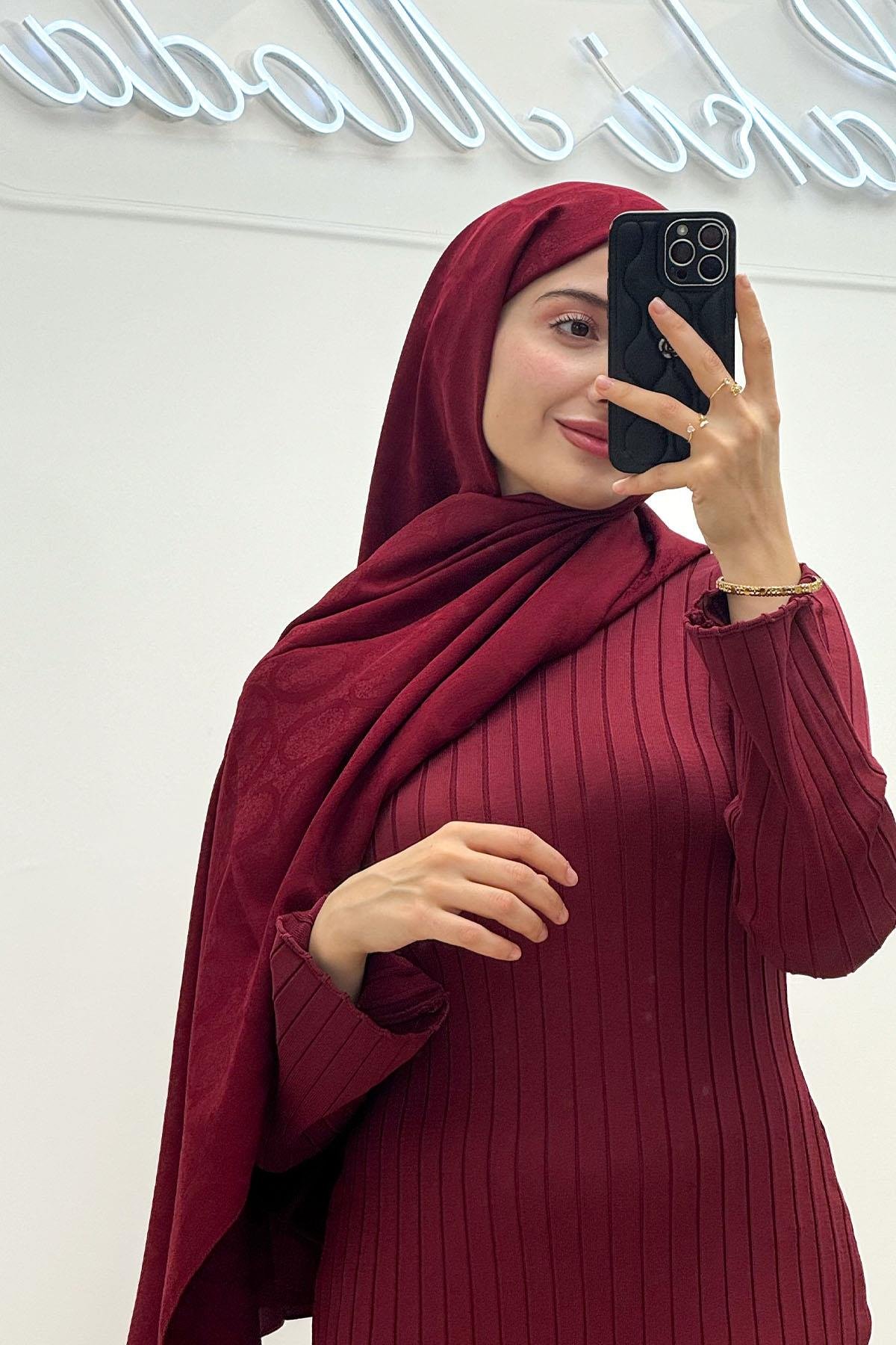 Bisiklet Yaka Bordo Triko ElbiseHM3130