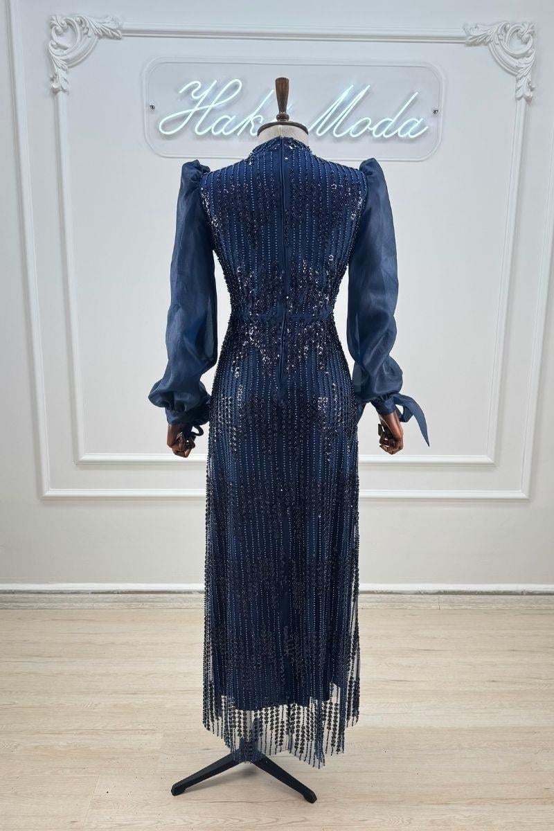 Boncuklu Lacivert Tesettür AbiyeLP6155