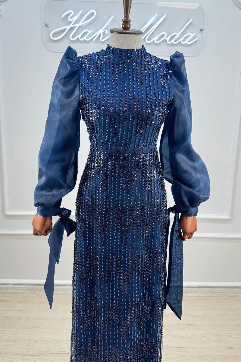 Boncuklu Lacivert Tesettür AbiyeLP6155