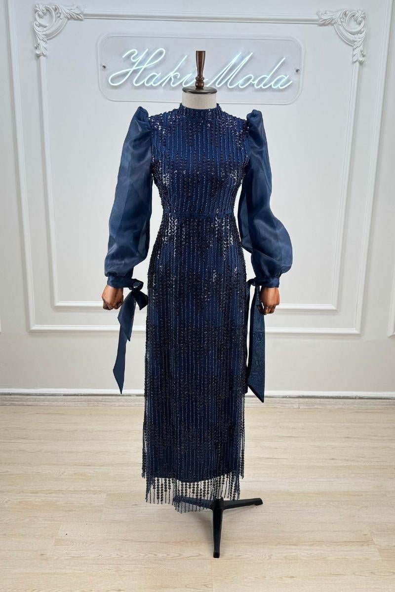 Boncuklu Lacivert Tesettür AbiyeLP6155