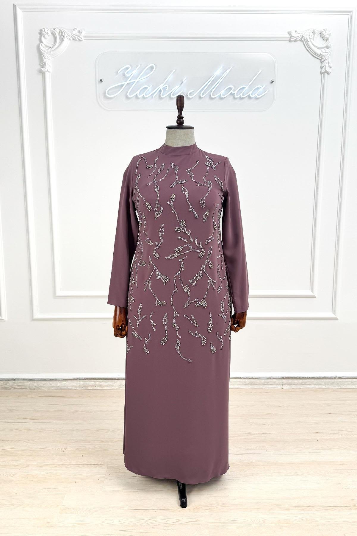 Büyük Beden Alize Adriana Krep Gül Kurusu Tesettür AbiyeLP6305