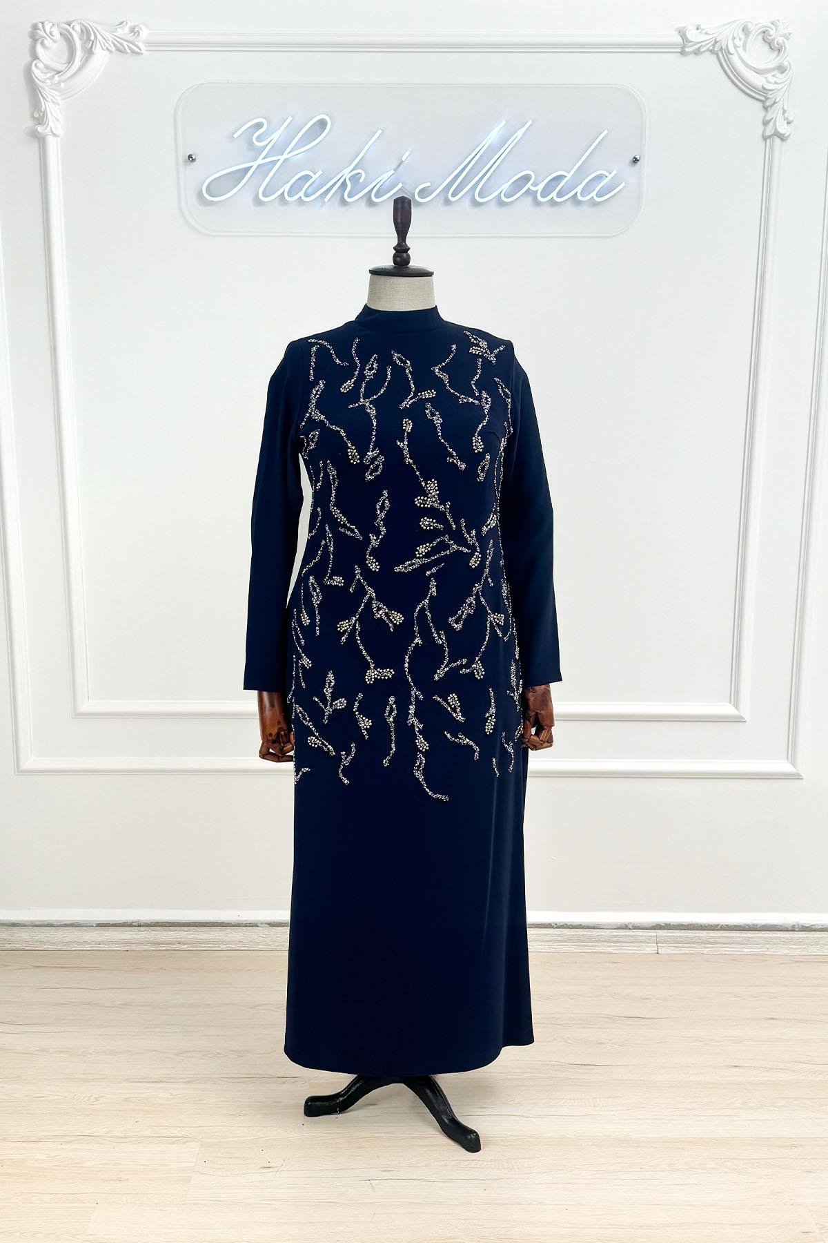 Büyük Beden Alize Adriana Krep Lacivert Tesettür AbiyeLP6305