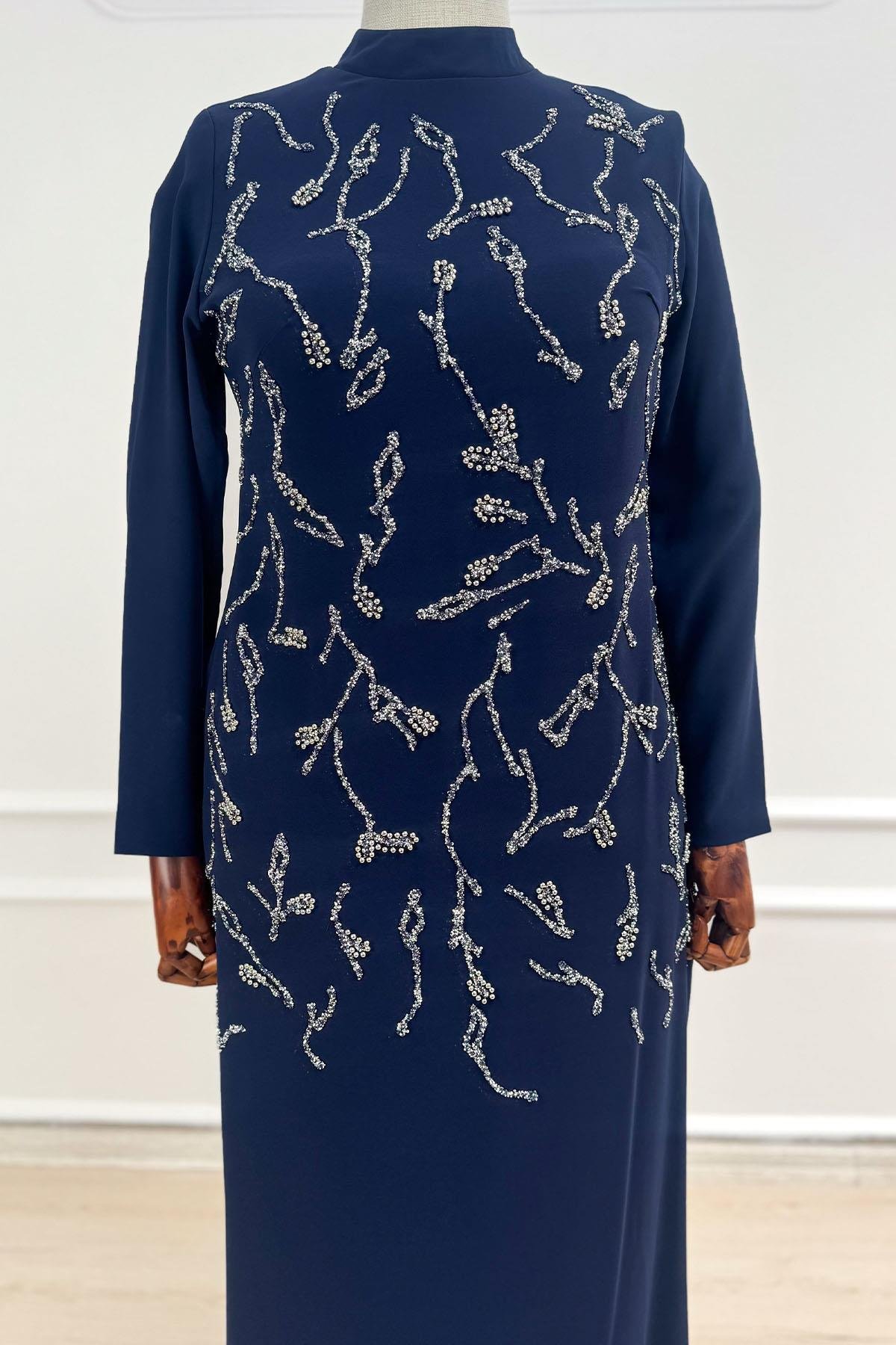 Büyük Beden Alize Adriana Krep Lacivert Tesettür AbiyeLP6305