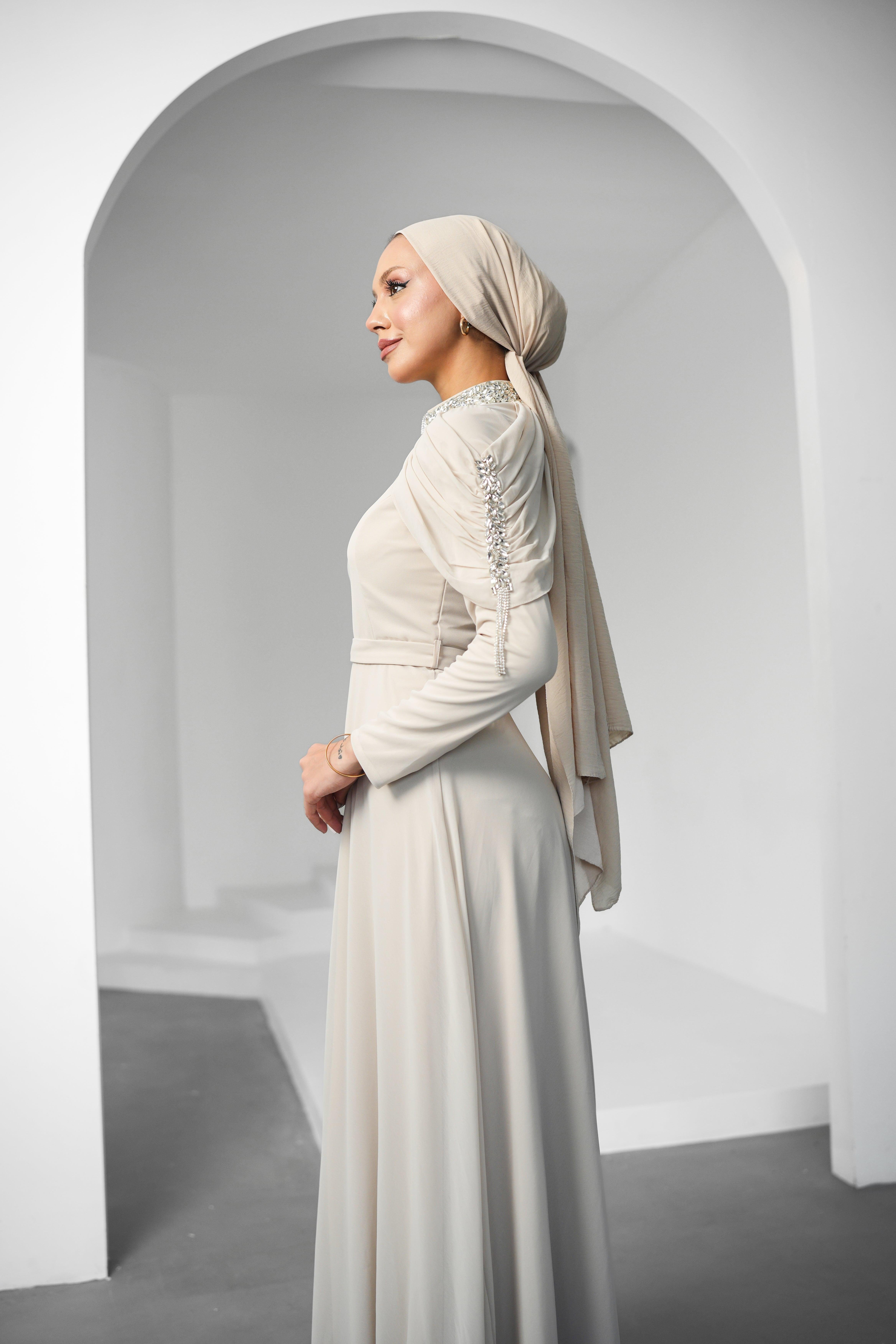 Canfes Şifon Bej Tesettür AbiyeLP6340