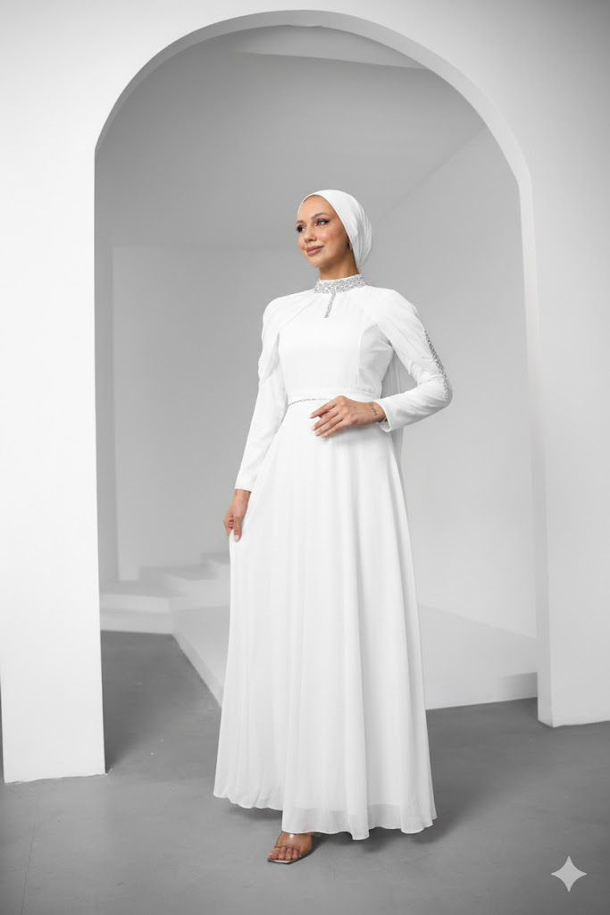 Canfes Şifon Beyaz Tesettür AbiyeLP6340