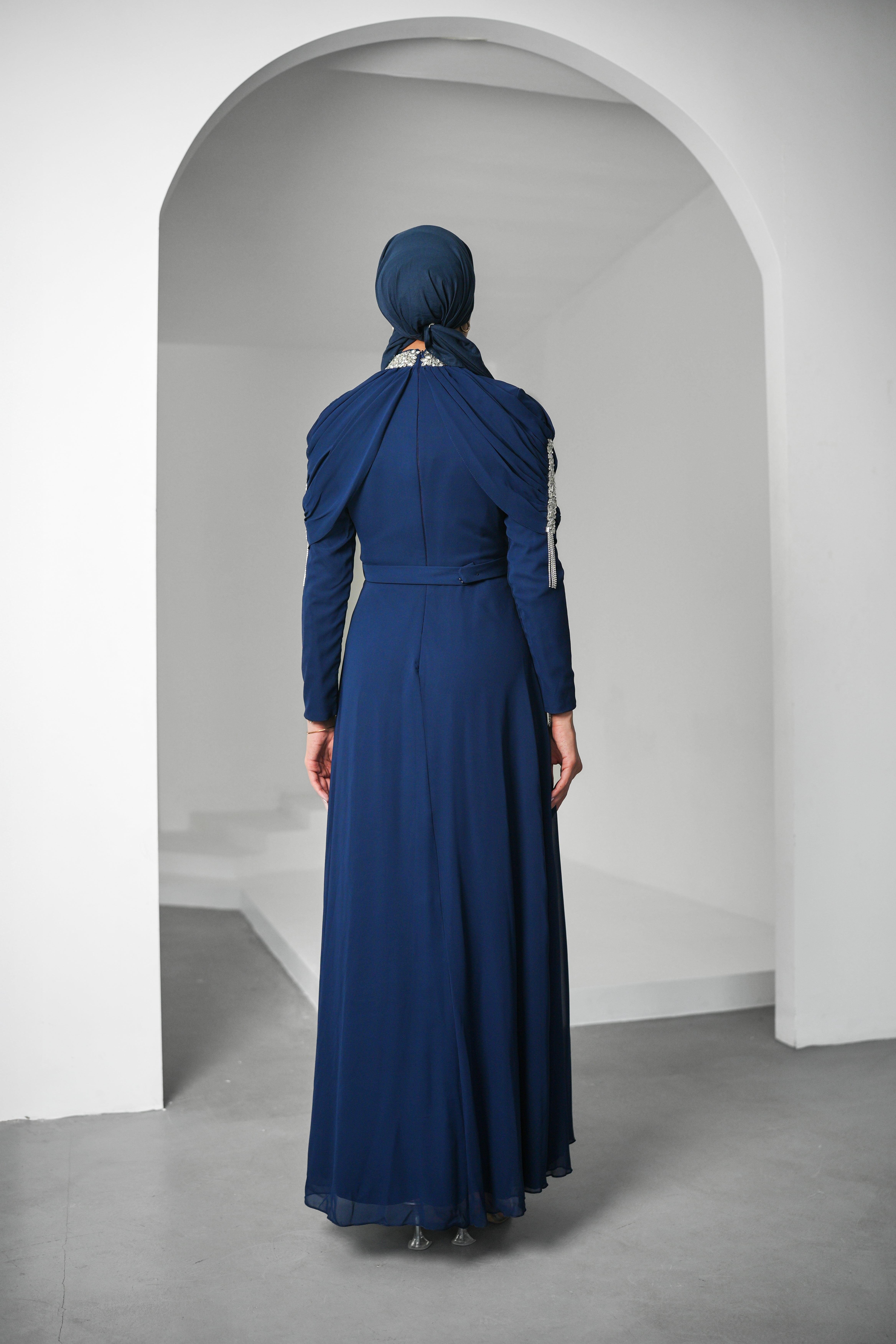 Canfes Şifon Lacivert Tesettür AbiyeLP6340