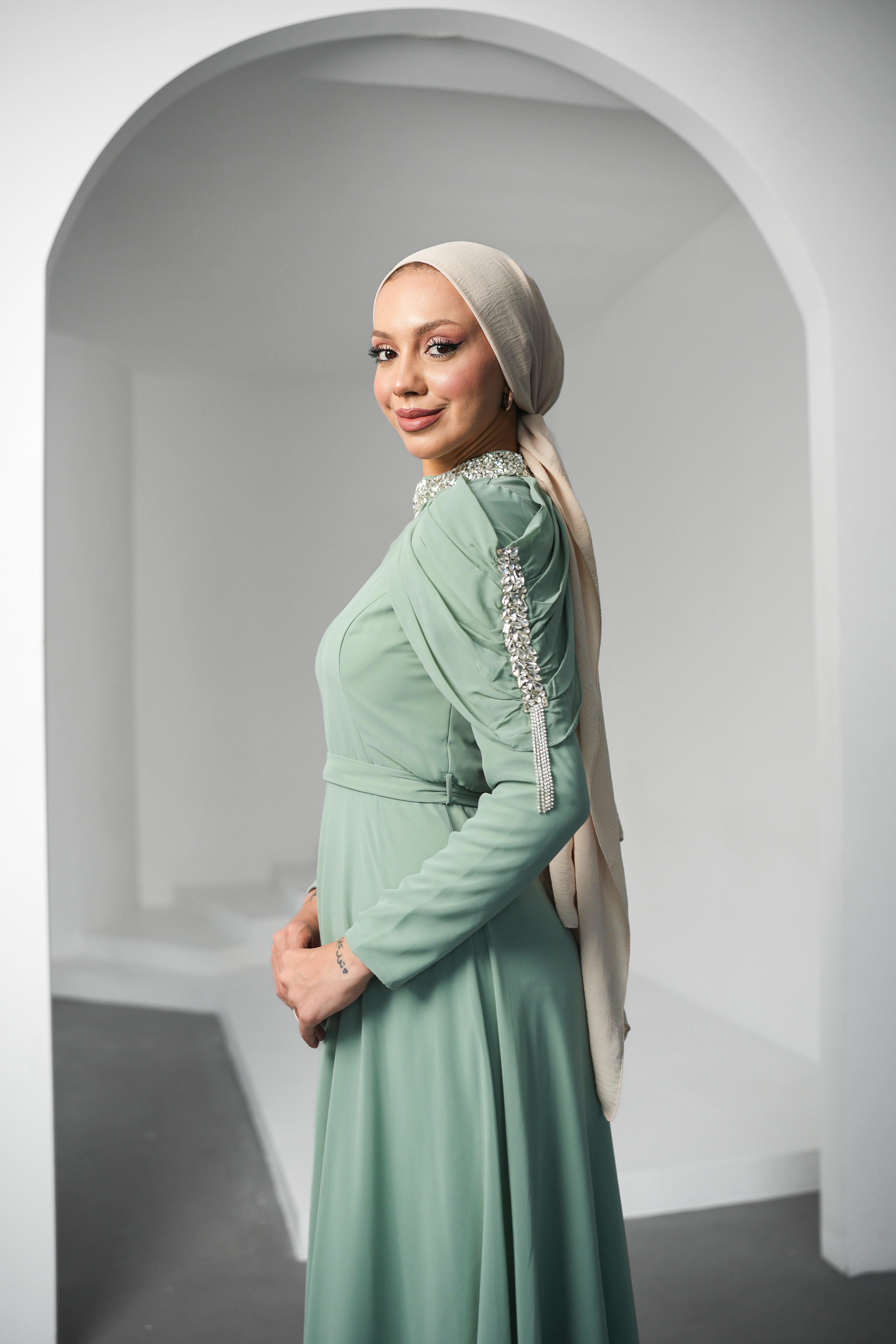 Canfes Şifon Mint Tesettür AbiyeLP6340