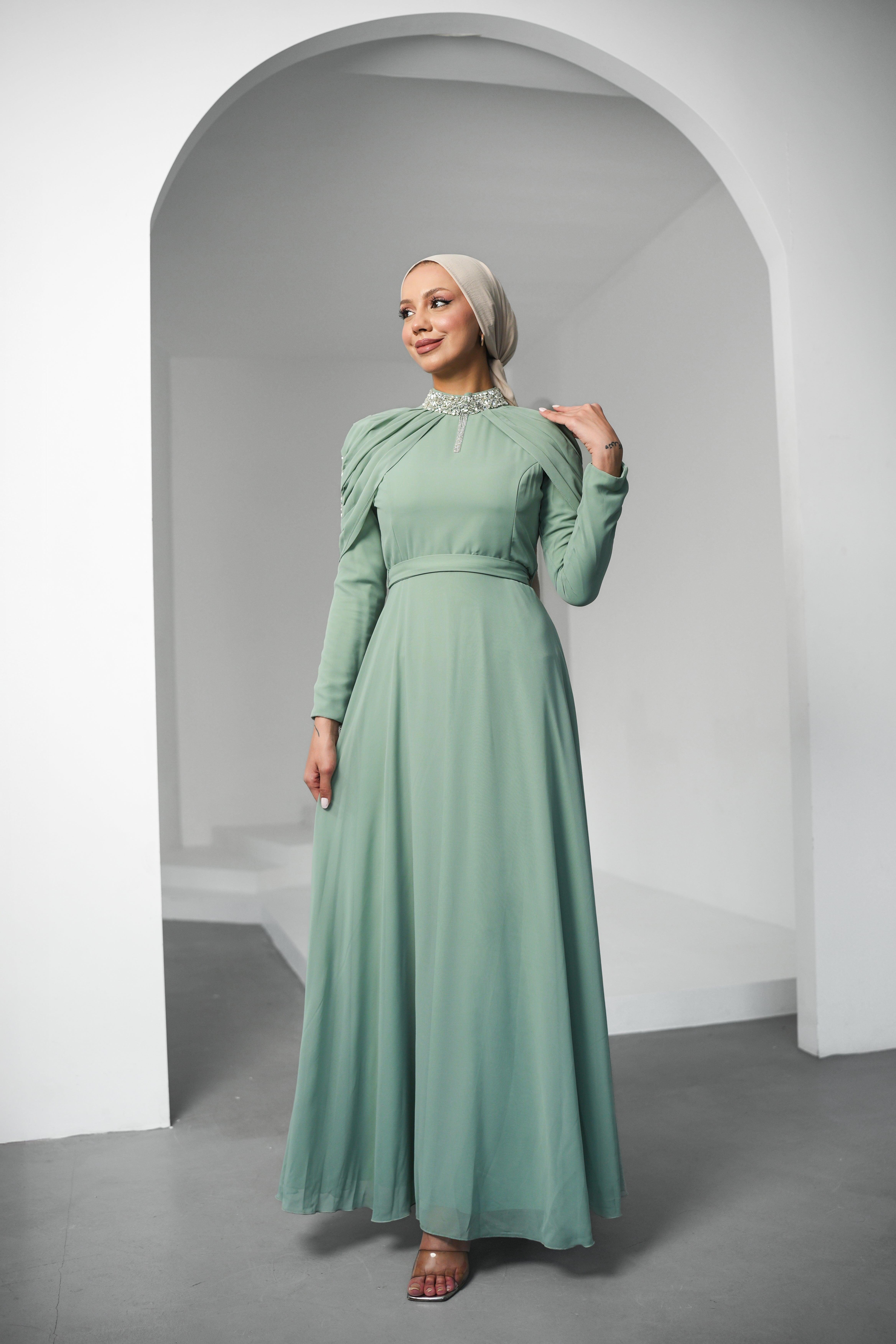 Canfes Şifon Mint Tesettür AbiyeLP6340
