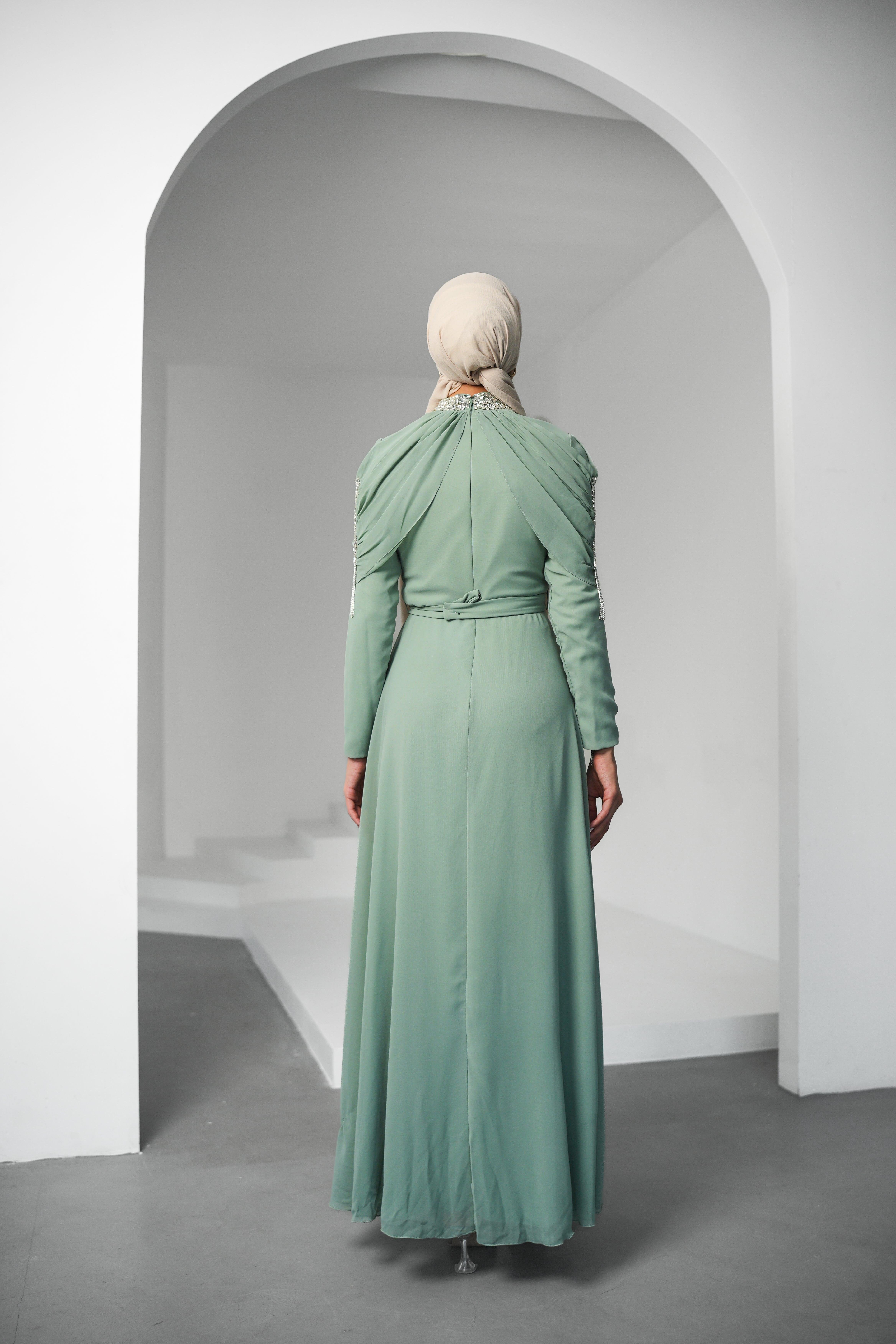 Canfes Şifon Mint Tesettür AbiyeLP6340