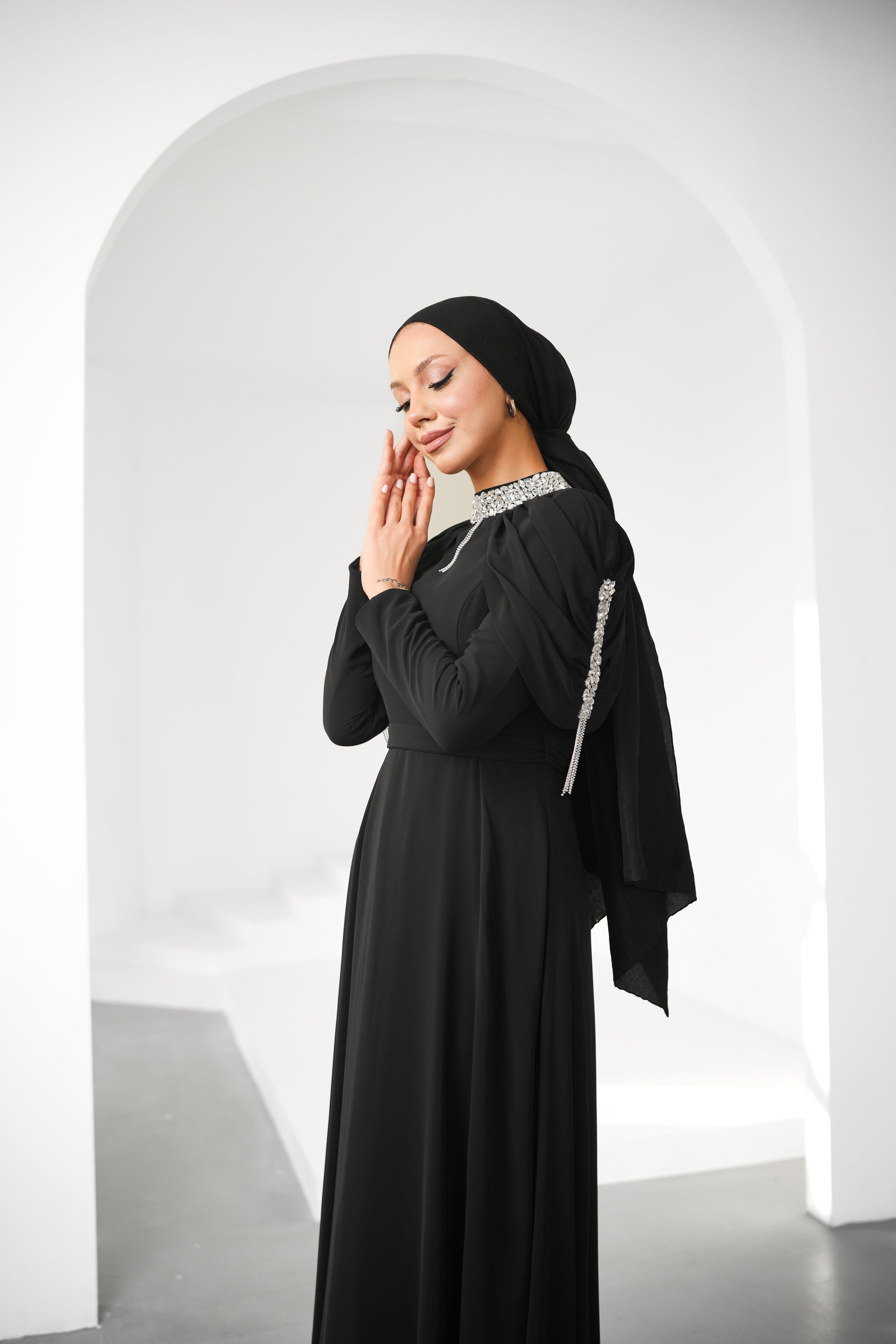 Canfes Şifon Siyah Tesettür AbiyeLP6340