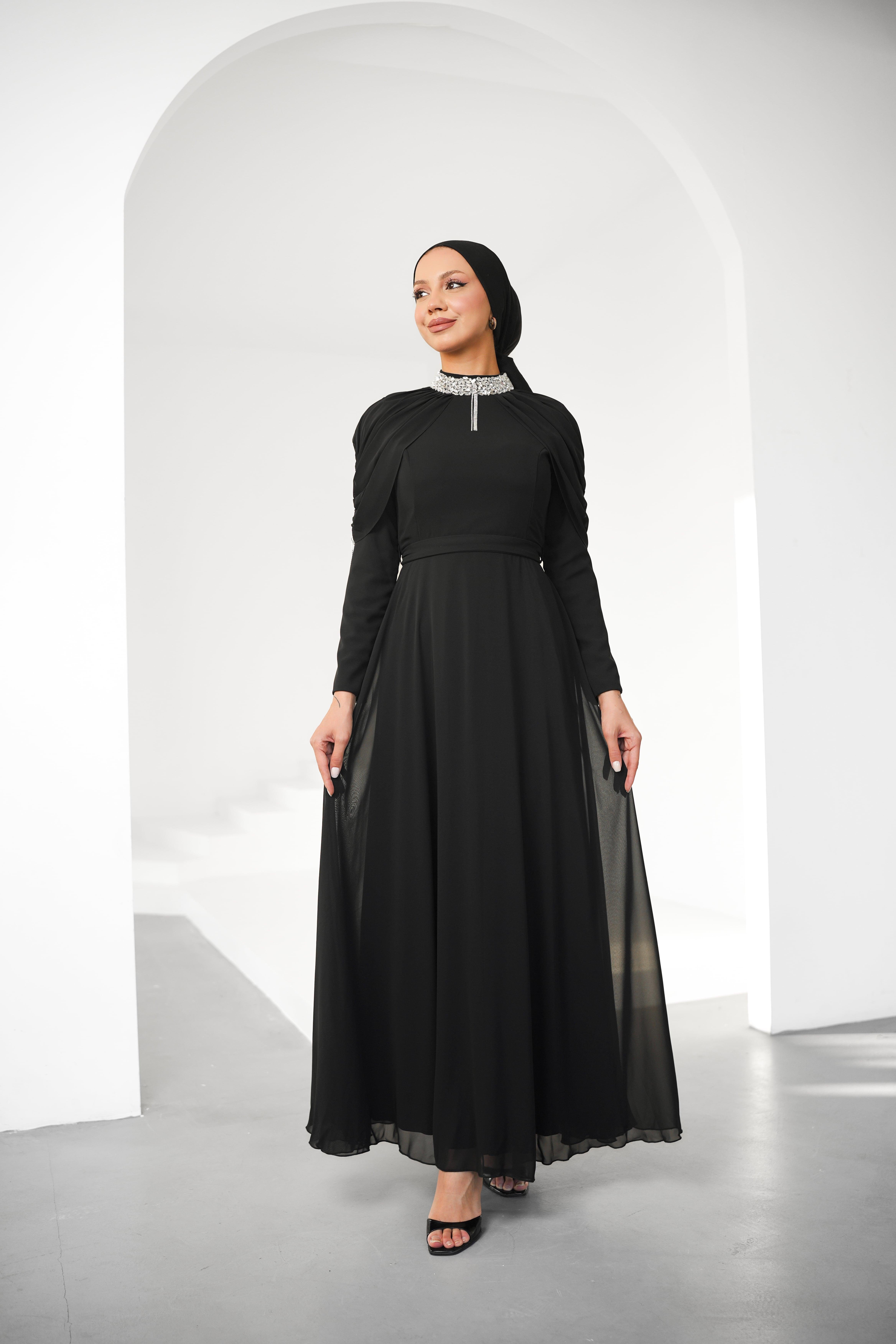 Canfes Şifon Siyah Tesettür AbiyeLP6340