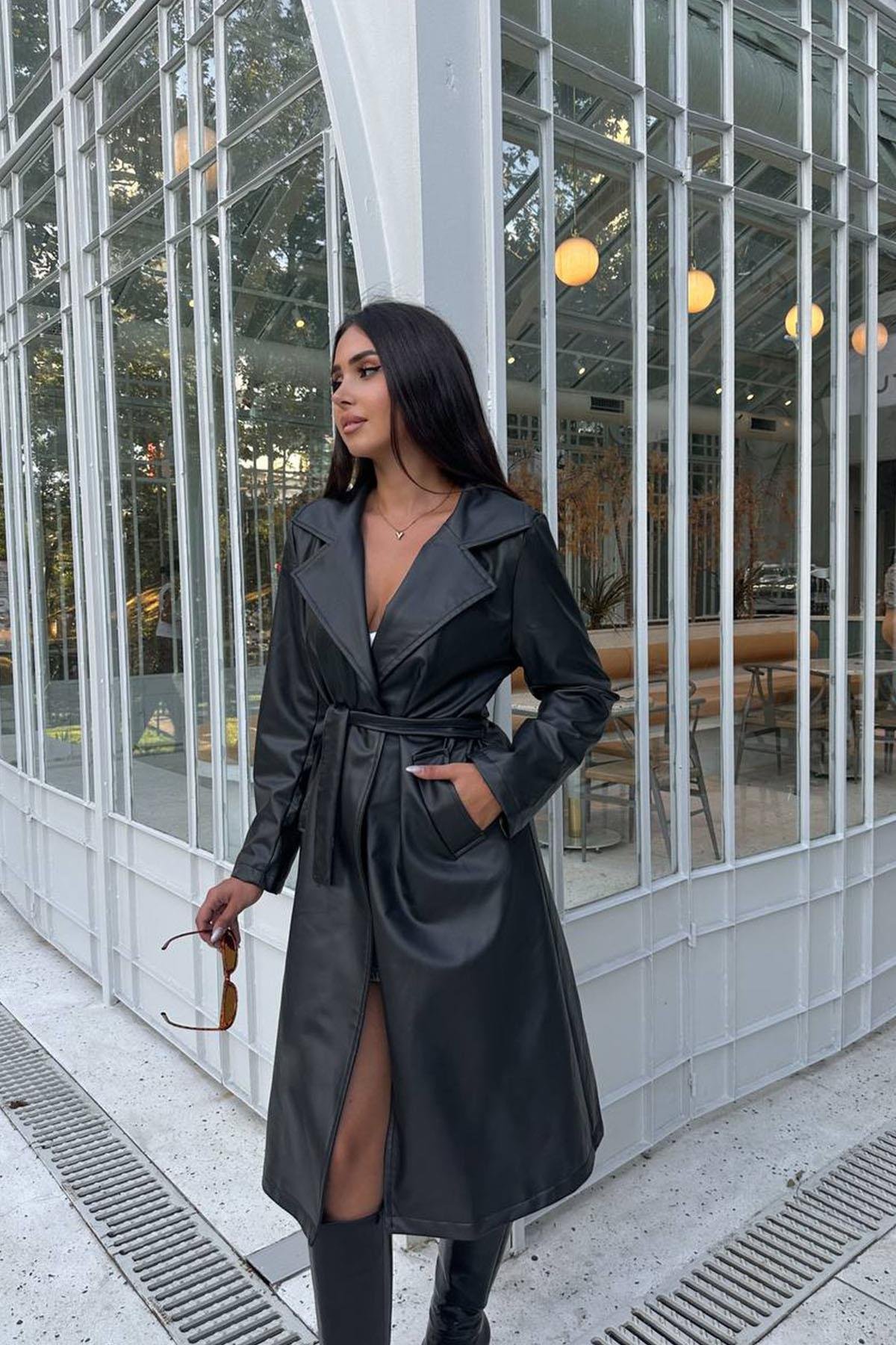 DERİ TRENÇ SİYAHhm1327