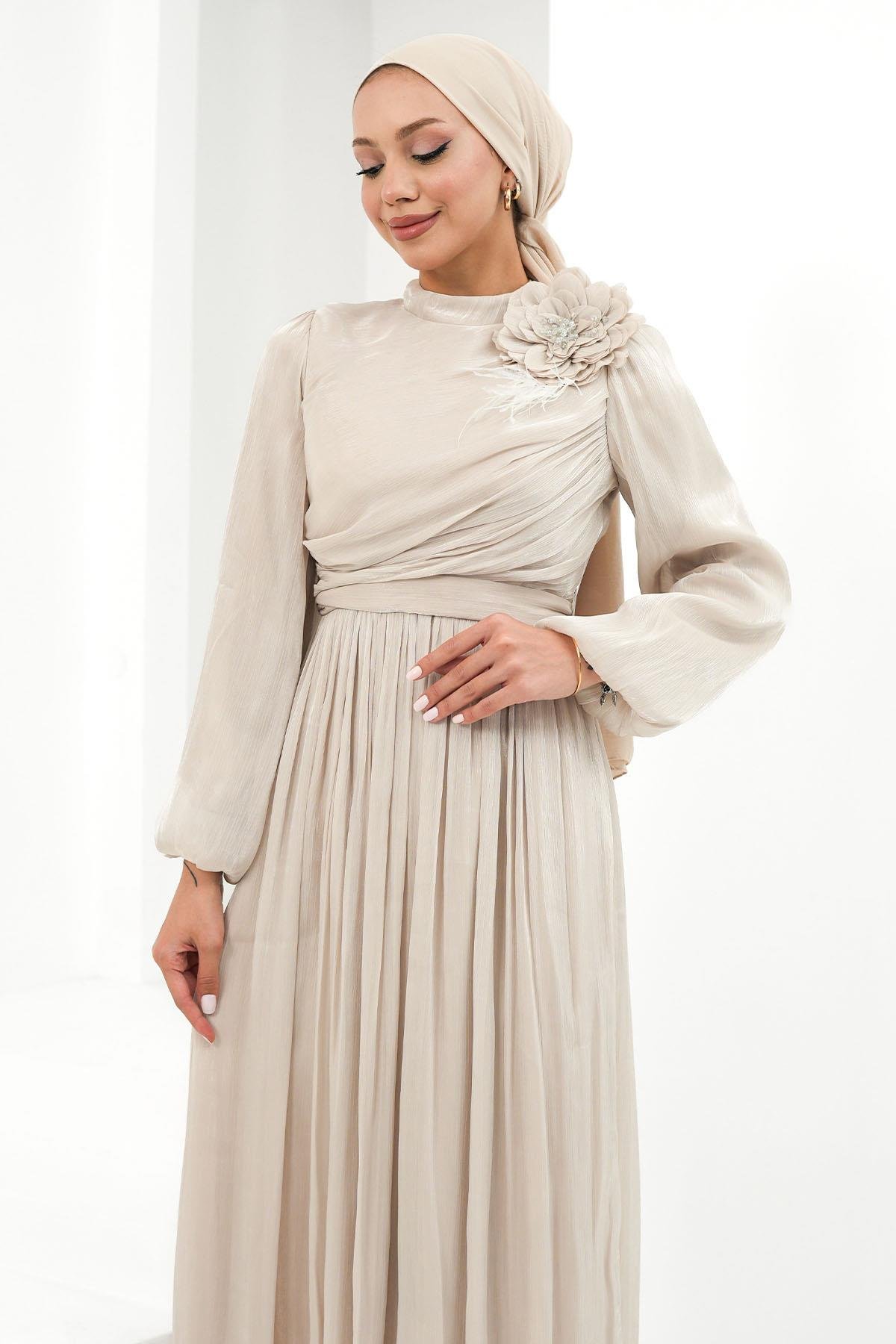 Tesettür Efruz Işıltı Abiye BejLP6300