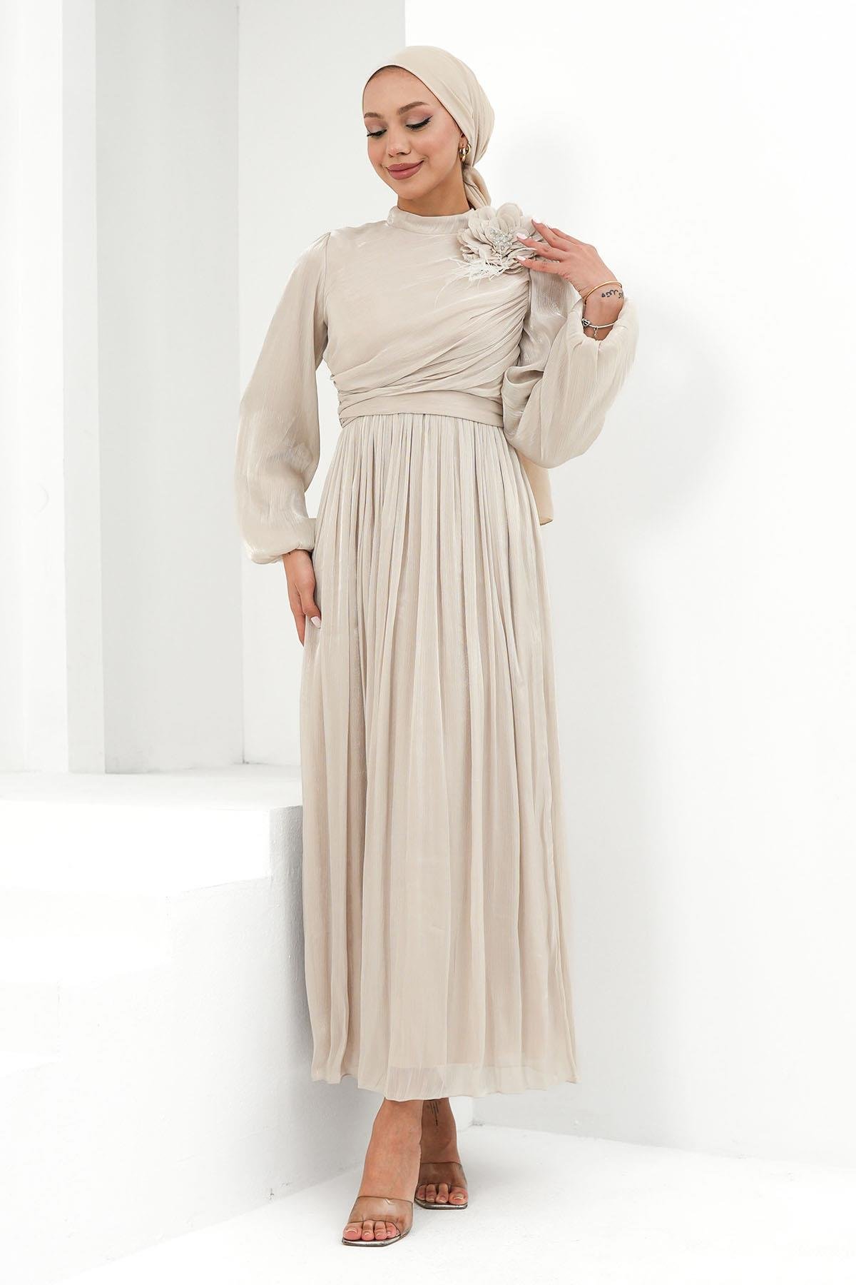 Tesettür Efruz Işıltı Abiye BejLP6300