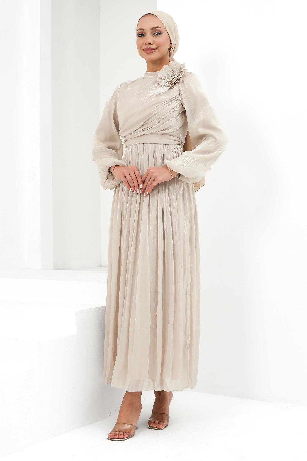 Tesettür Efruz Işıltı Abiye BejLP6300