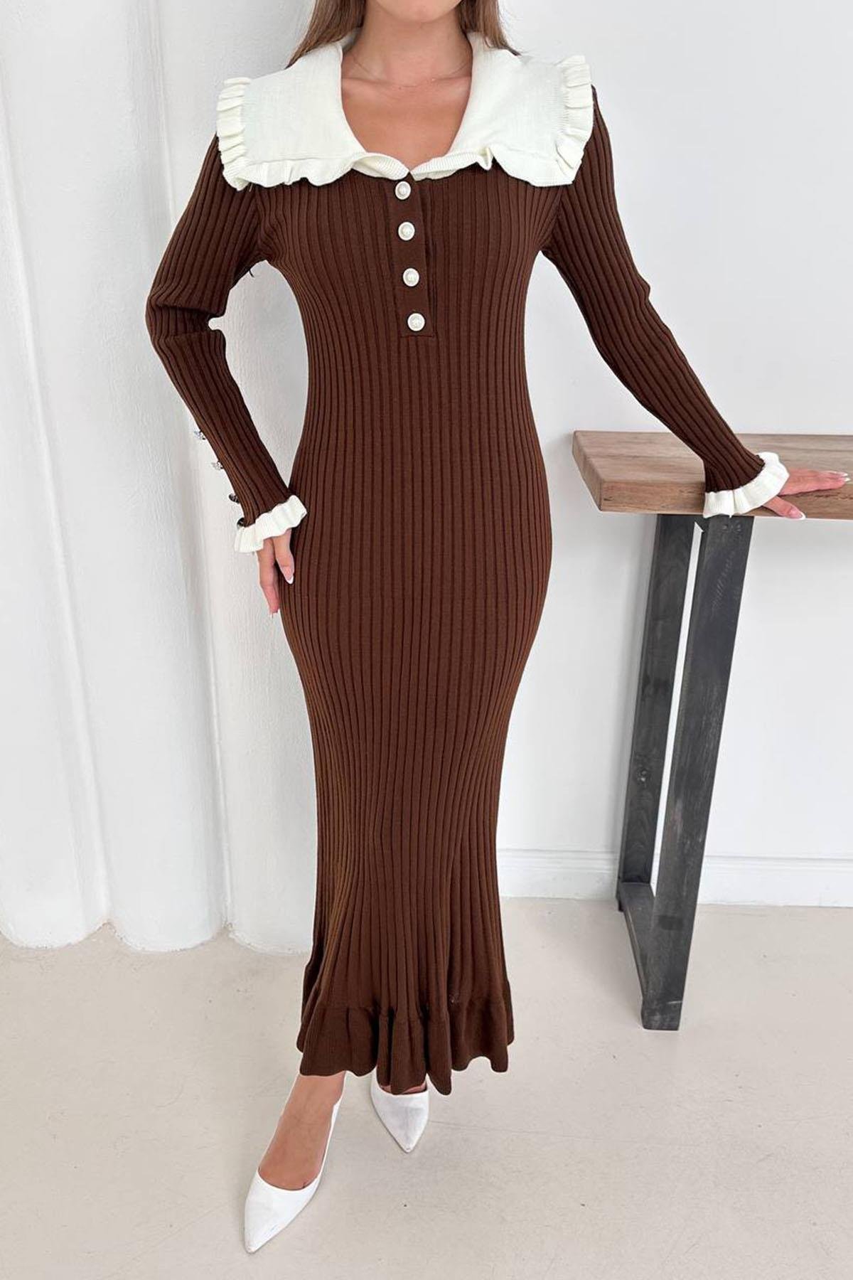 FIRFIR DETAYLI TRİKO ELBİSE ACI KAHVEHM1317