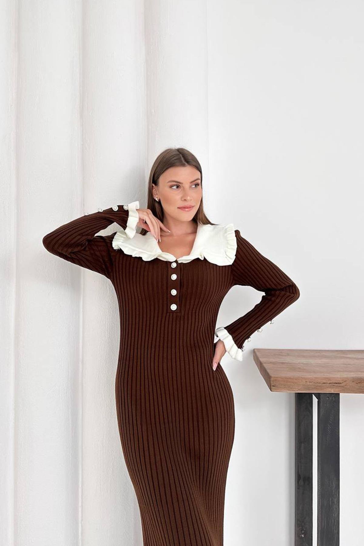 FIRFIR DETAYLI TRİKO ELBİSE ACI KAHVEHM1317