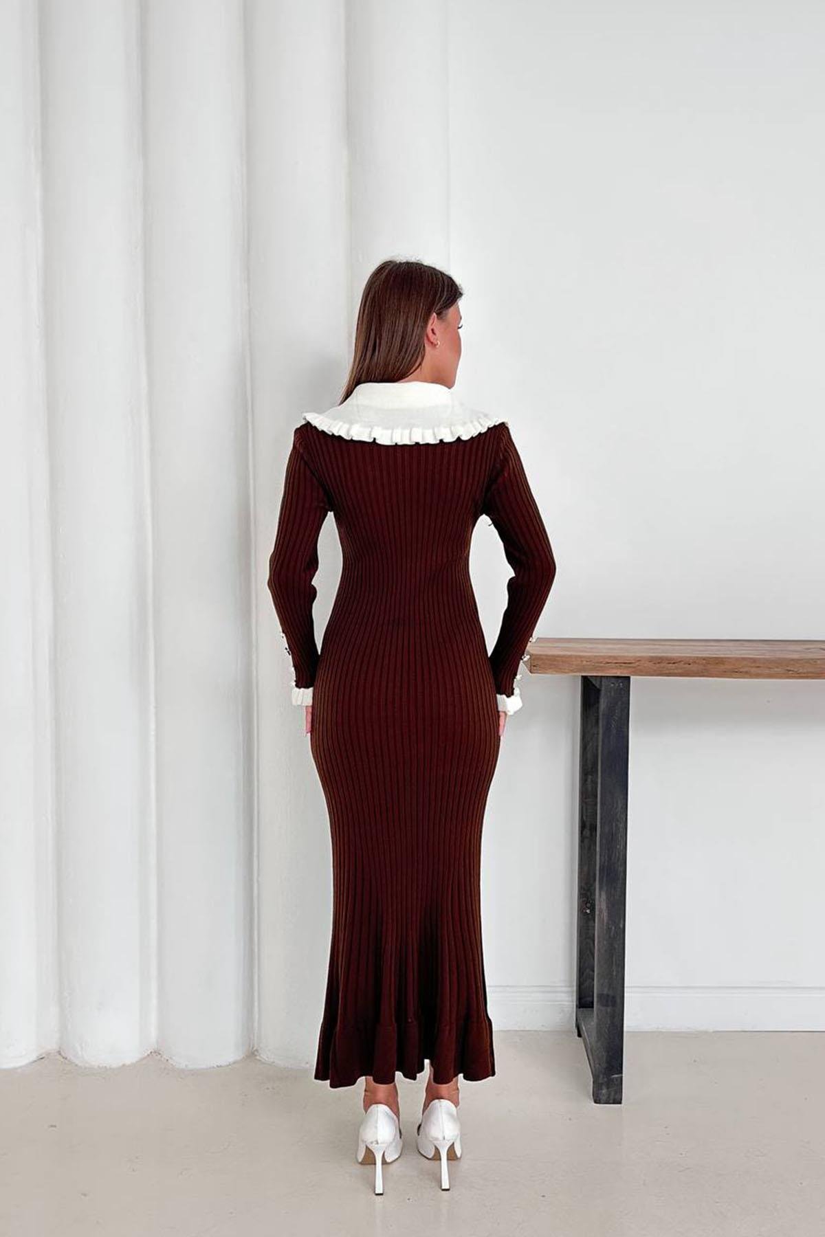 FIRFIR DETAYLI TRİKO ELBİSE ACI KAHVEHM1317