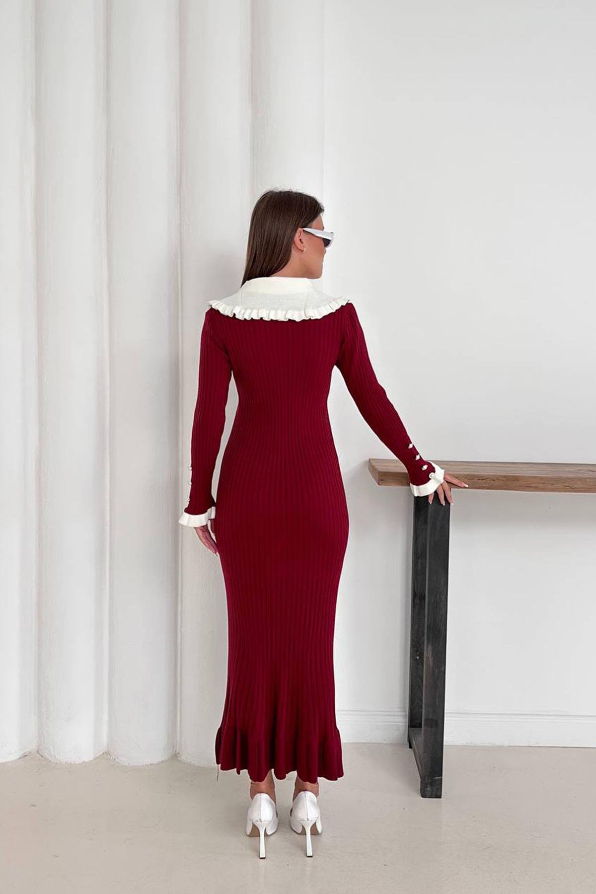 FIRFIR DETAYLI TRİKO ELBİSE BORDOHM1317