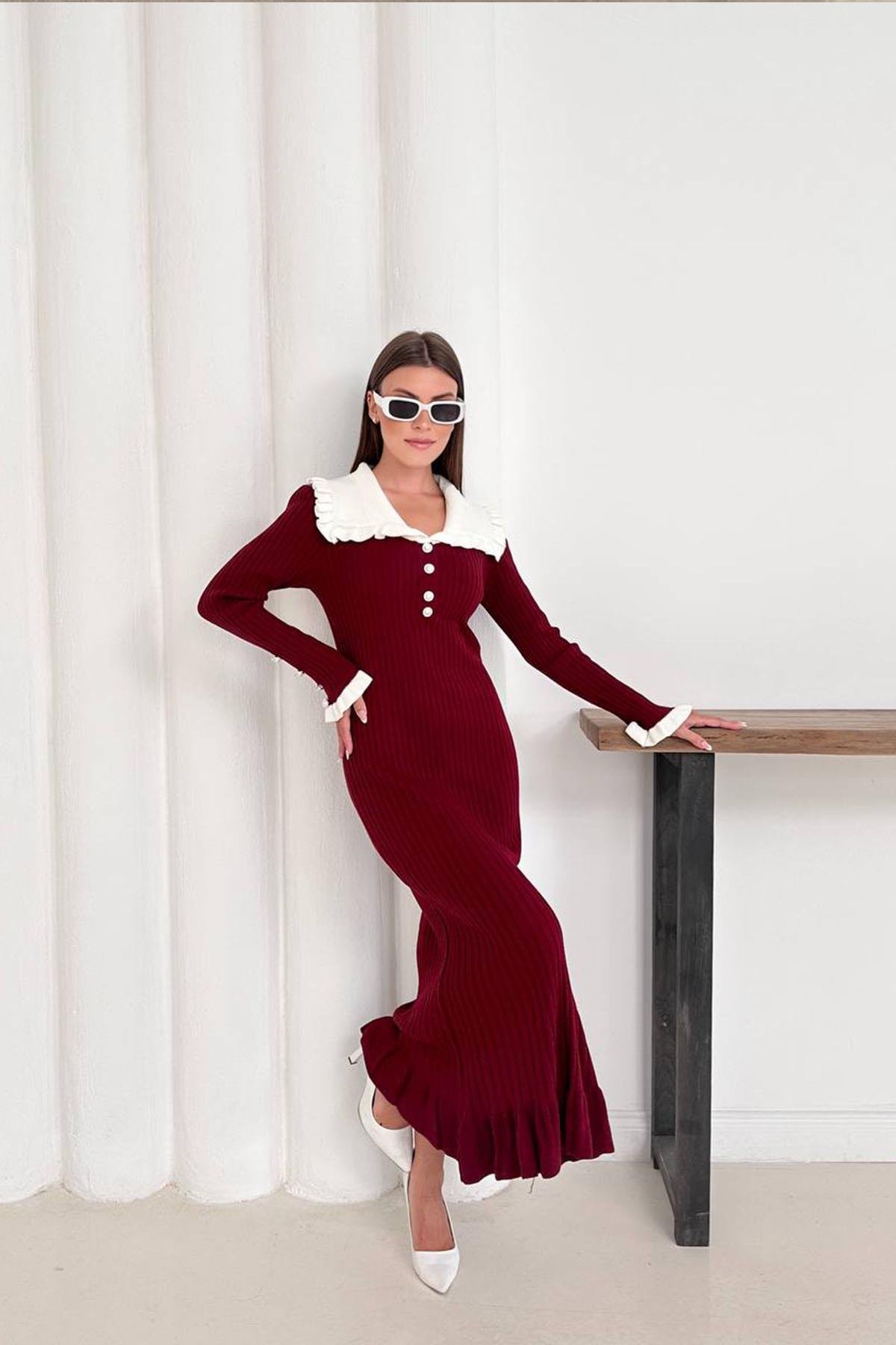 FIRFIR DETAYLI TRİKO ELBİSE BORDOHM1317