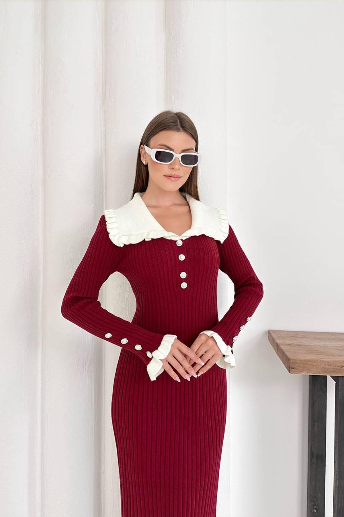 FIRFIR DETAYLI TRİKO ELBİSE BORDOHM1317