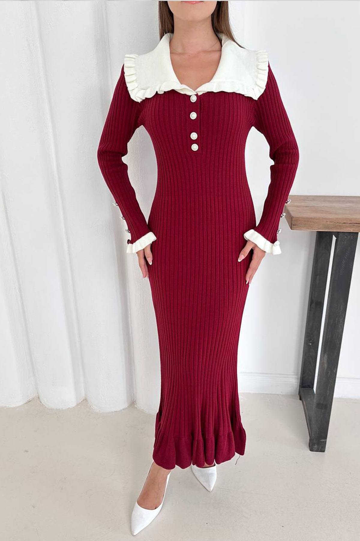 FIRFIR DETAYLI TRİKO ELBİSE BORDOHM1317