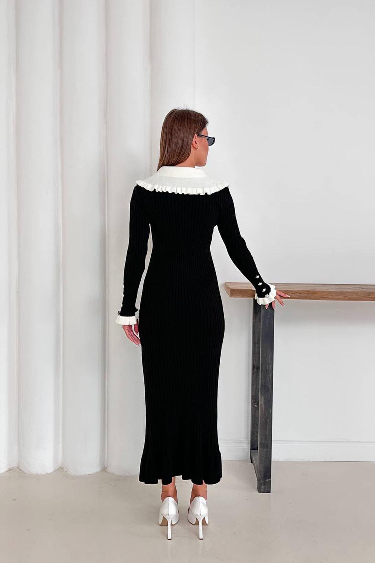 FIRFIR DETAYLI TRİKO ELBİSE SİYAHHM1317