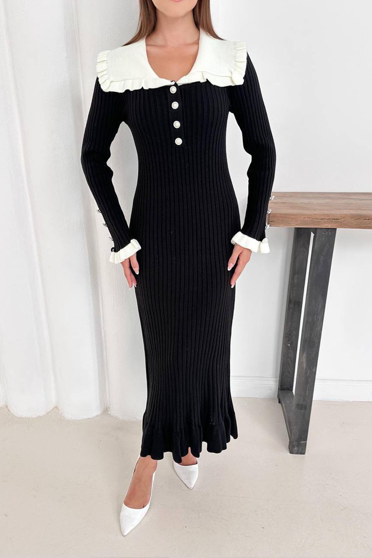 FIRFIR DETAYLI TRİKO ELBİSE SİYAHHM1317