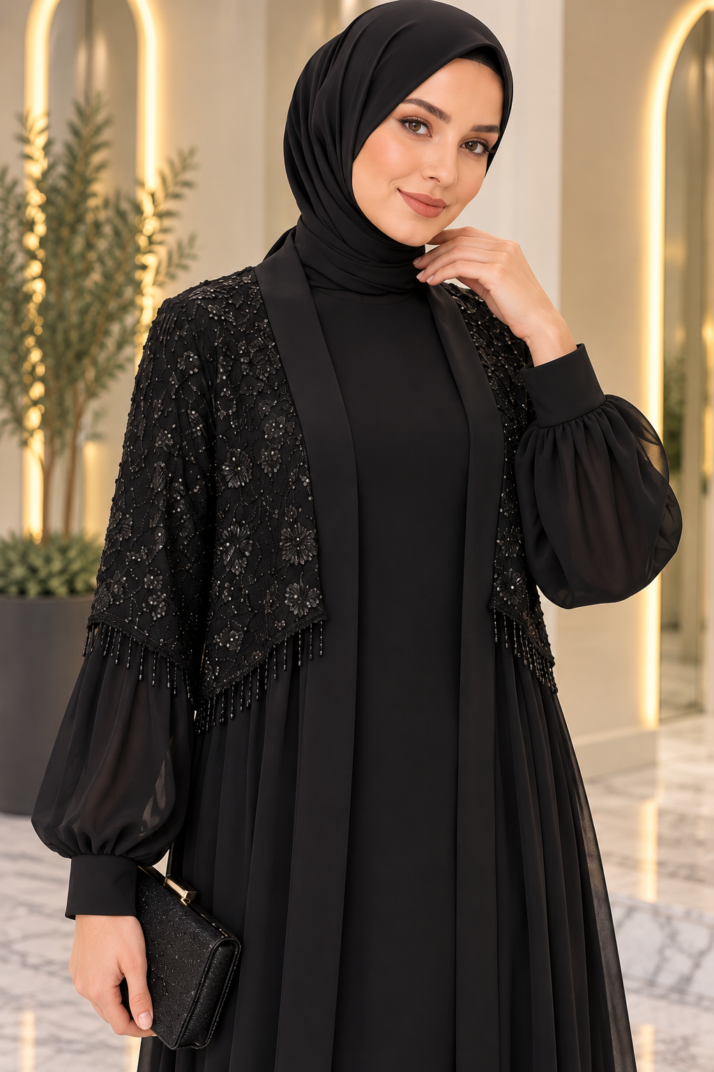 Hakimoda Kadın Çiçek İşlemeli Siyah Abaya TakımTN4820