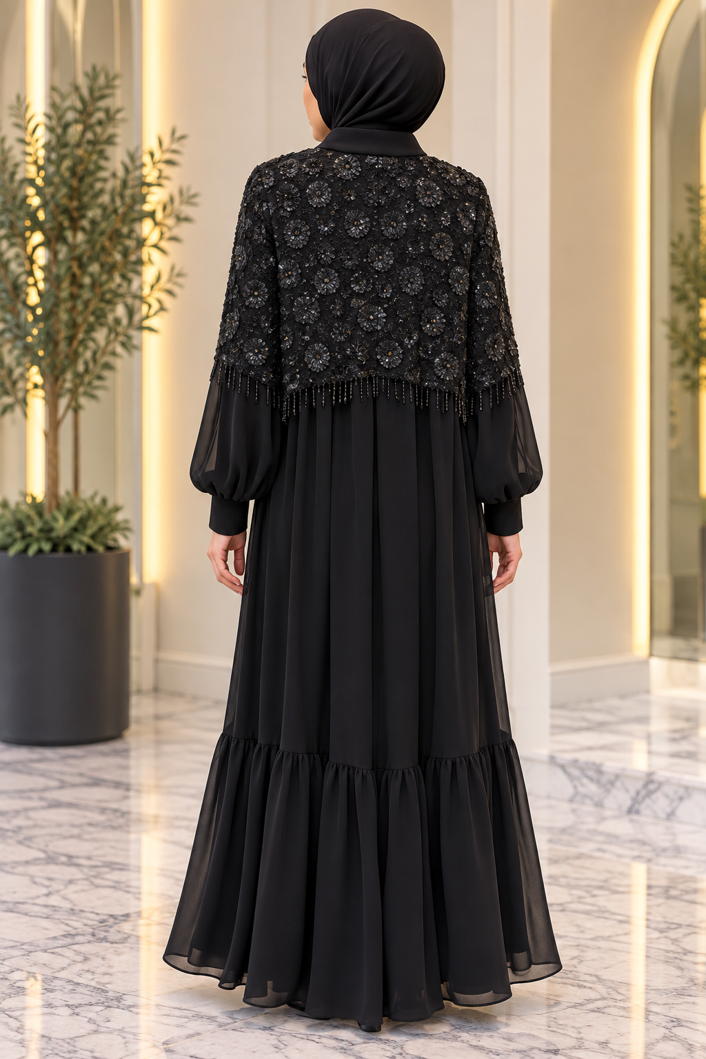 Hakimoda Kadın Çiçek İşlemeli Siyah Abaya TakımTN4820