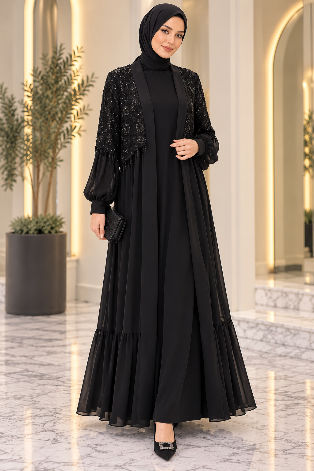 Hakimoda Kadın Çiçek İşlemeli Siyah Abaya TakımTN4820