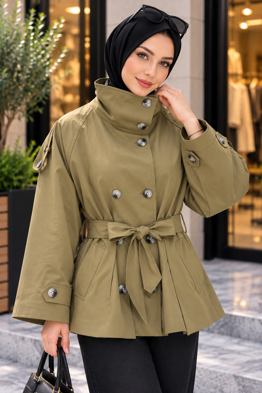 Hakimoda Kadın Dik Yaka Haki TrençkotRM1230